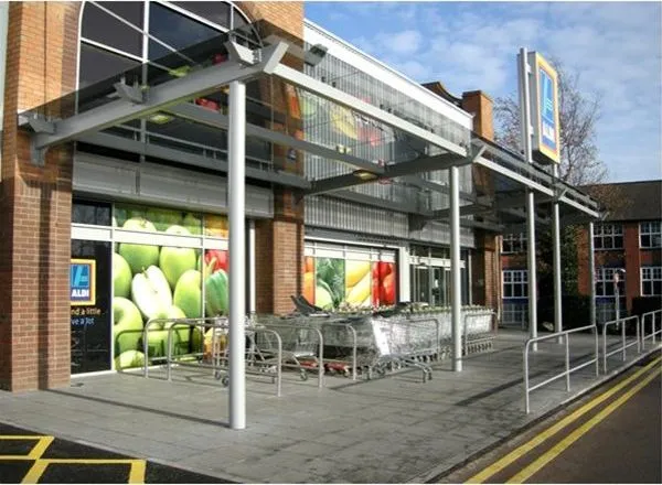 Grey Glass Supported Entrance Feature Supermarket Leicester